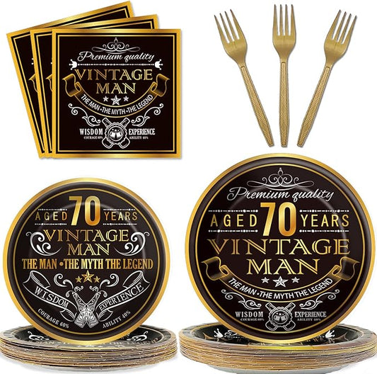 Wiooffen 96 Pcs Vintage 70th Party Tableware Set Back in 1956 70th Theme Birthday Party Table Decoration Supplies Cheers to 70 Years Paper Plate Napkin Fork 24 Guests for Men