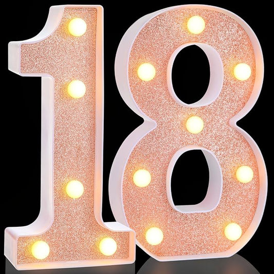 Treela 8.7'' Birthday Decorative LED Light up Numbers, Glitter Marquee Number Sign for Night Birthday Party Decorations Anniversary Bar LED Sign Backdrop Wall Table Centerpieces(18th,Rose Gold)