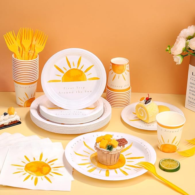 Kochorie 144 Pieces Boho Sun Birthday Party Decorations Tableware Sets Including Disposable Bohemia Sunshine Plates Napkins Cups Forks Serves 24 for Sun Baby Shower Party Supplies