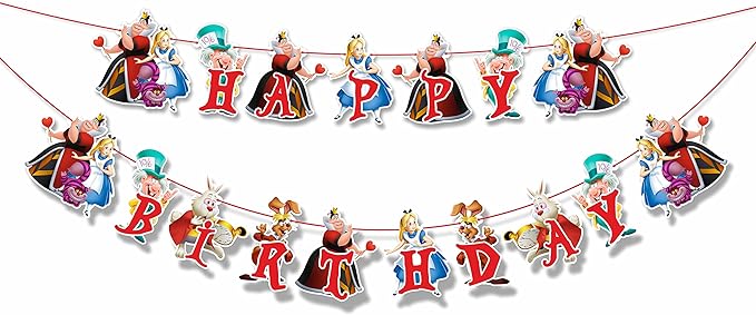 "Alice in Wondrland Happy Birthday Banner – Whimsical Fairy Tale Birthday Party Decoration – Colorful Hanging Banner for Girls & Boys Themed Party, Dessert Table, High Chair, and Photo Backdrop"