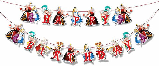 "Alice in Wondrland Happy Birthday Banner – Whimsical Fairy Tale Birthday Party Decoration – Colorful Hanging Banner for Girls & Boys Themed Party, Dessert Table, High Chair, and Photo Backdrop"
