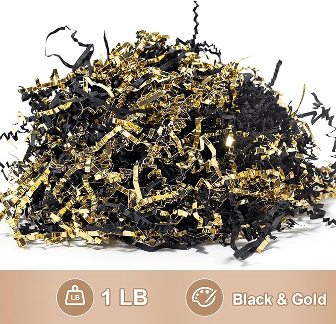Wowxyz 1 LB Crinkle Cut Paper Shred Black & Gold Crinkle Shredded Paper for Gift Baskets - Gift Box Bag Filler - Confetti Stuffing for Birthday, Holiday Present Packaging Wrapping