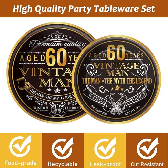 Wiooffen 96 Pcs Vintage 60th Party Tableware Set Back in 1966 60th Theme Birthday Party Table Decoration Supplies Cheers to 60 Years Paper Plate Napkin Fork 24 Guests for Men