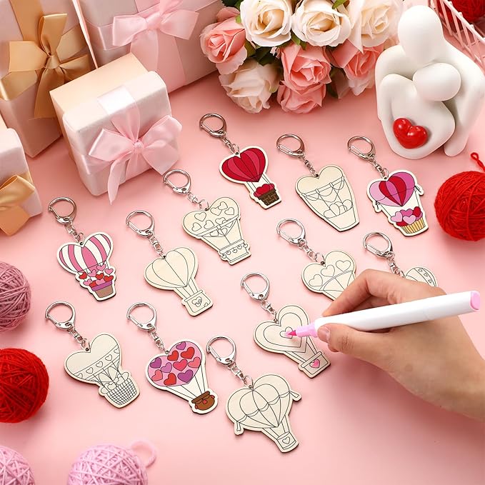 RattanView 24 Pcs Valentine's Day Heart Hot Air Balloon Craft Color Your Own Keychains DIY Craft Wooden Blank Keychains for Sunday School Classroom Home Active Party Favors Gifts, 12 Styles