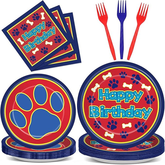 MinFyberd 96 Pcs Cartoon Dog Birthday Party Plates and Napkins Paw Print Party Decorations Puppy Theme Supplies Lets Pawty Paper Dessert Plates Tableware Set for Kids Boy Girl Baby Shower 24 Guests