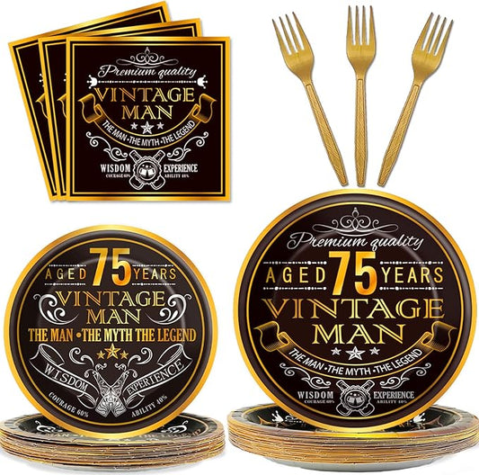 Wiooffen 96 Pcs Vintage 75th Party Tableware Set Back in 1951 75th Theme Birthday Party Table Decoration Supplies Cheers to 75 Years Paper Plate Napkin Fork 24 Guests for Men
