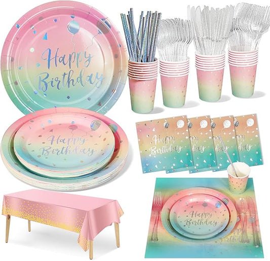 Birthday Party Tableware, 161 Pieces Rainbow and Silver Party Supplies, Dinnerware Sets Include Paper Plates Napkins Cups Silverware, for Shower Engagement Parties Decoration -20 Serves