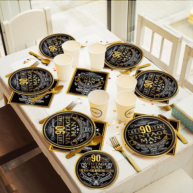 Wiooffen 96 Pcs Vintage 90th Party Tableware Set Back in 1936 90th Theme Birthday Party Table Decoration Supplies Cheers to 90 Years Paper Plate Napkin Fork 24 Guests for Men