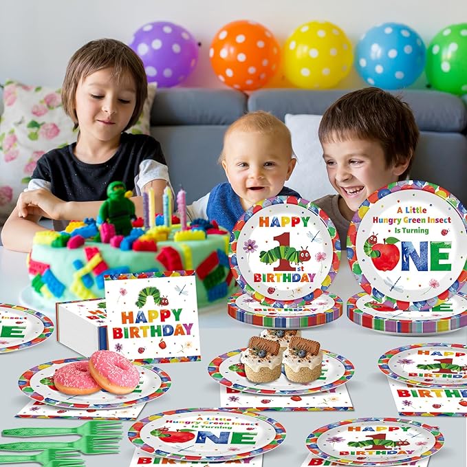 96Pcs Caterpillar 1st Birthday Party Plates and Napkins Hungry Caterpillar Theme Decor Very Hungry Paper Disposable Dessert Cake Plates Cartoon Green Insect Tableware Set for Kids Birthday 24 Guests