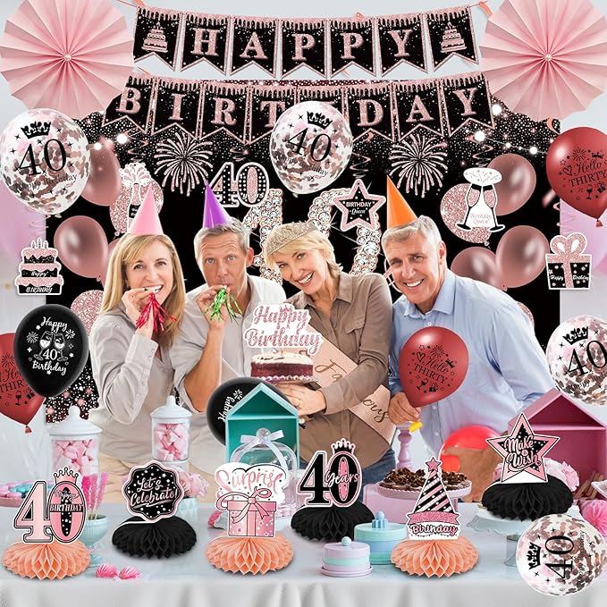 40th Birthday Decorations for Women - Rose Gold 37Pcs All-in-One Party Kit with Banner, Backdrop, Tiara, Sash, Cake Topper, Latex Balloons, Hanging Swirls, Centerpieces