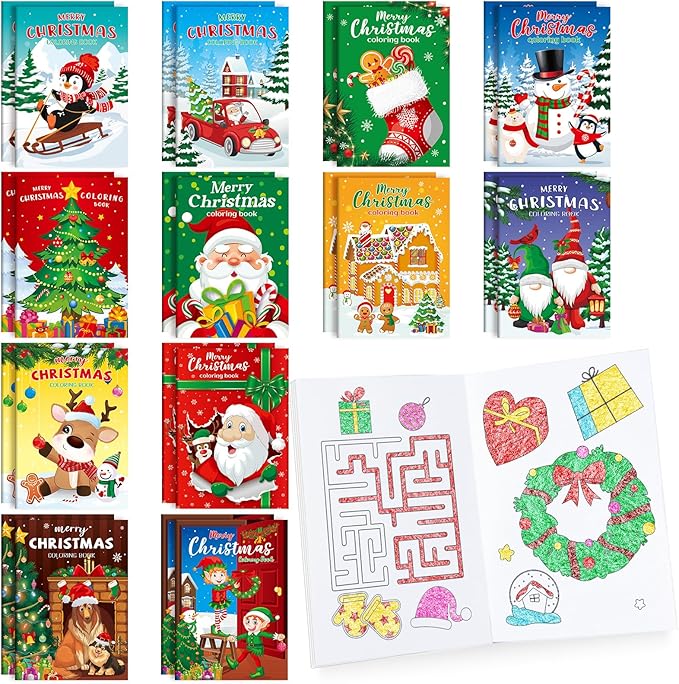 BenLouis 24 Pcs Christmas Mini Coloring Books Kids Xmas Party Favors Small Activity Books Bulk for Kids Holiday Stocking Goodie Bags Stuffers Return Gifts Classroom Travel