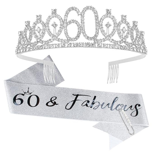 "60 & Fabulous" Birthday Tiara and Sash Kit- 60th Birthday Gifts for Women 60th Birthday Party Decorations (silver)