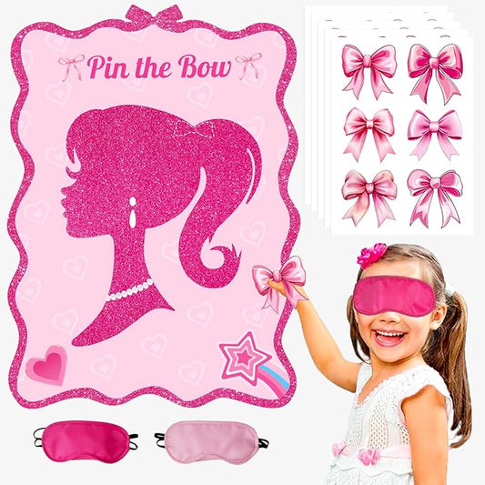 Pink Girls Birthday Party Decorations Party Games Pin The Bow Game for Kids Posters Stickers for Party Favors and Supplies