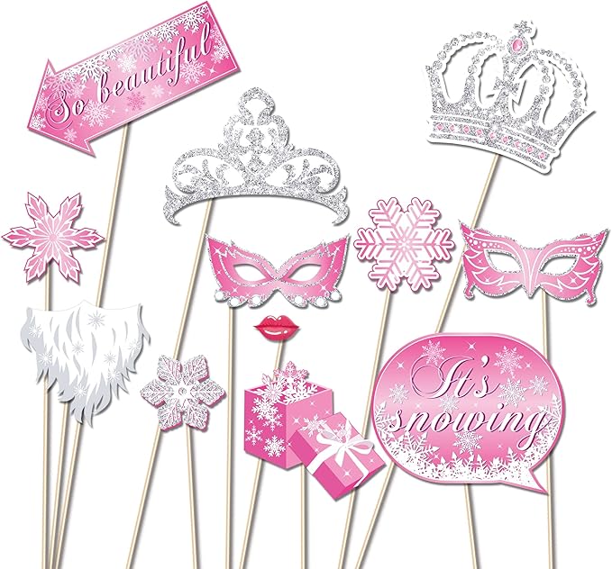 25 PCS Pink Snowflake Photo Booth Props, Fun Decoration Props, Winter Theme Suitable for Christmas, Birthdays, and All Occasions