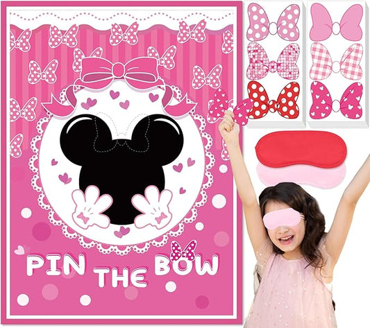 QISOLIY Pin The Bow Sticker on Mouse Party Game, Pink Girl Party Game Decorations, Pink Large Poster with 36Pcs Bow Stickers for Girls Birthday Favors