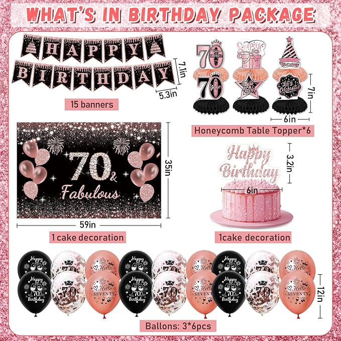 70th Birthday Decorations for Women - Rose Gold 37Pcs Platinum Celebration Party Kit with Banner, Backdrop, Tiara, Sash, Cake Topper, Latex Balloons, Hanging Swirls, Centerpieces | Party Supplies