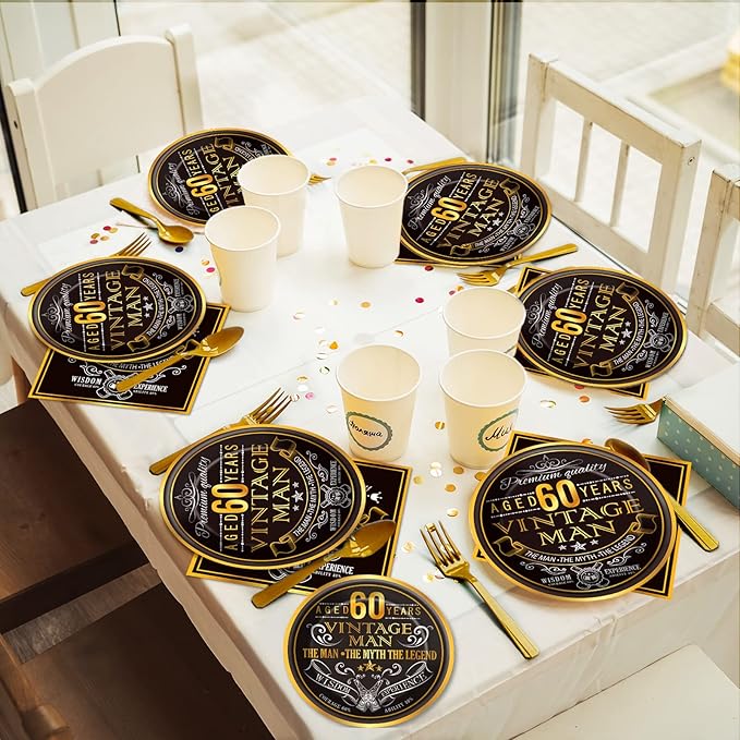 Wiooffen 96 Pcs Vintage 60th Party Tableware Set Back in 1966 60th Theme Birthday Party Table Decoration Supplies Cheers to 60 Years Paper Plate Napkin Fork 24 Guests for Men