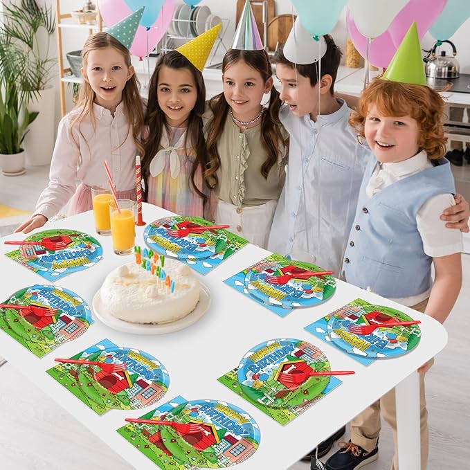 96Pcs Cute Dog Red House Birthday Party Supplies Cartoon Dog Red House Paper Plates and Napkins Puppy Theme Disposable Tableware Set for Kids Birthday Baby Shower Party Decorations Serves 24