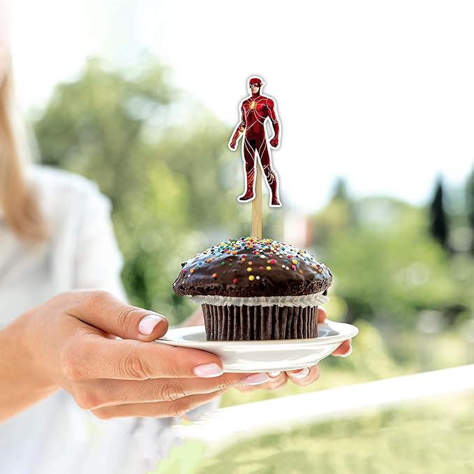 "Flsh Cupcake Topper – Superhero Theme Birthday Party Cupcake Picks for Boys and Girls – Red and Yellow Lightning Bolt Dessert Decorations for Birthday Parties, Events, and Themed Celebrations"