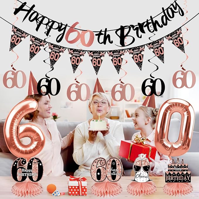 Guiruiy 13PCS 60th Birthday Decorations for Women, Rose Gold Happy 60 Birthday Banner Centerpieces Swirls Balloons Kit Party Supplies, Sixty Years Old Bday Ceiling Table Topper Decor