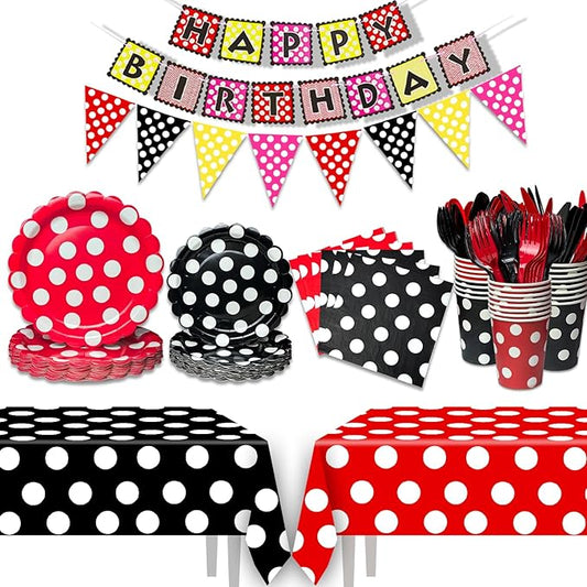 NAIWOXI Round Dot Party Supplies Tableware - Cute Black Red Round Dot Birthday Party Decoration For Girls，Plates, Napkins, Cups, Tableware, Birthday Party Decoration For Boy | 24 Guests