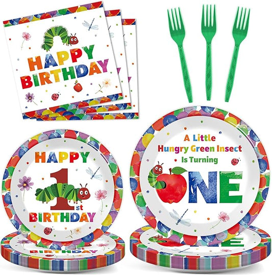 96Pcs Caterpillar 1st Birthday Party Plates and Napkins Hungry Caterpillar Theme Decor Very Hungry Paper Disposable Dessert Cake Plates Cartoon Green Insect Tableware Set for Kids Birthday 24 Guests