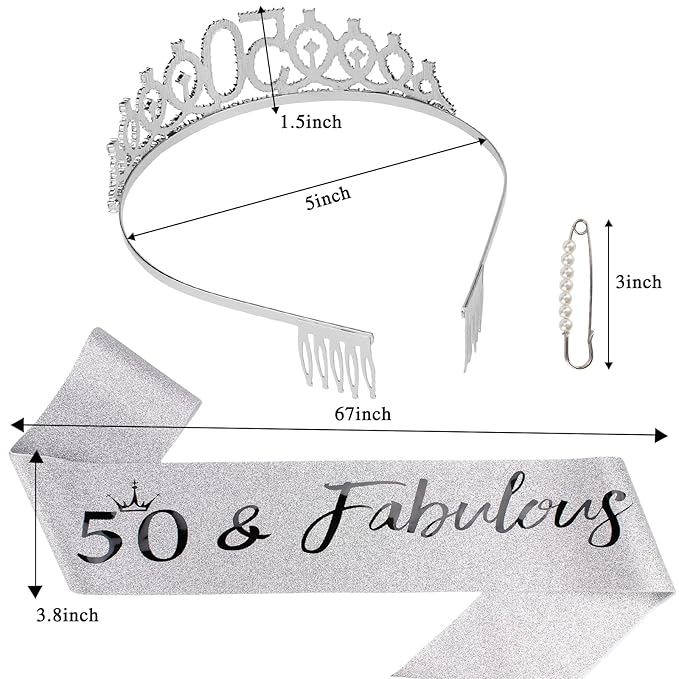 "50 & Fabulous" Birthday Tiara and Sash Kit- 50th Birthday Gifts for Women 50th Birthday Party Decorations (silver)
