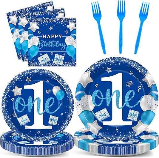 Wiooffen Boy 1st Birthday Party Tableware Set, Blue, 96 Pcs, 24 Guests, Paper Plates, Napkins, Forks