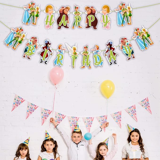 "Petr Pan Happy Birthday Banner – Fairy Tale Neverland Theme Party Decoration – Magical Cartoon Birthday Supplies for Boys, Girls, and Adults – Perfect for Family Parties, and Themed Events"