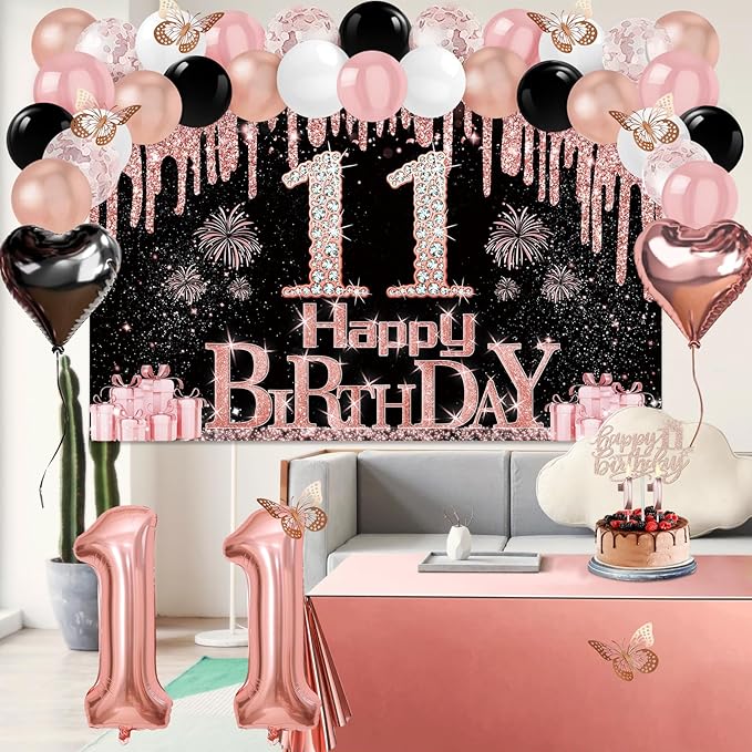 11th Birthday Decorations for Girls, 49pcs Black Rose Gold Black Banner, Tablecloth, Butterfly Decor, 11th Birthday Sash and Tiara, Cake Topper, Candles, Balloons Arch