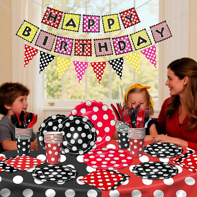 NAIWOXI Round Dot Party Supplies Tableware - Cute Black Red Round Dot Birthday Party Decoration For Girls，Plates, Napkins, Cups, Tableware, Birthday Party Decoration For Boy | 24 Guests
