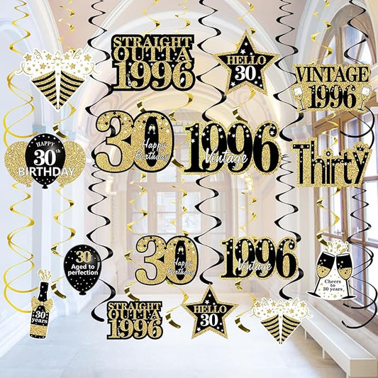 Turypaty 30th Birthday Decorations Hanging Swirls for Men Women, Black Gold Vintage 1996 30th Birthday Foil Swirls Party Supplies, Thirty Year Old Birthday Ceiling Hanging Decorations