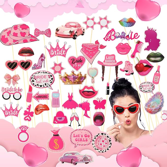 Bulk Premium Hot Pink Funny Photo Booth Props Set for Women, Cute Hot Pink Hats, Glasses, Wig, Inflatable Props, PhtotBooth Props Kit for Girls Bachelorette, Wedding, Bridal Shower and All Occasions