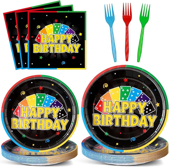 96Pcs Card Themed Birthday Party Plates and Napkins Card Game Decor Colorful Gaming Night Paper Disposable Dessert Cake Plates Gaming Themed Tableware Set for Adults Baby Shower Sleepover 24 Guests