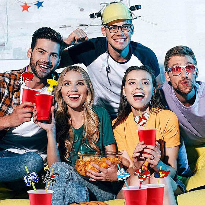 MEAXUR 24 pcs Ice Hockey Theme Straight Reusable Straws for Ice Hockey Sports Party Favors, Daily Drink Straws, Birthday Party, Reunion, Sports Party Supplies with 2 Cleaning Brush. (6 colors)