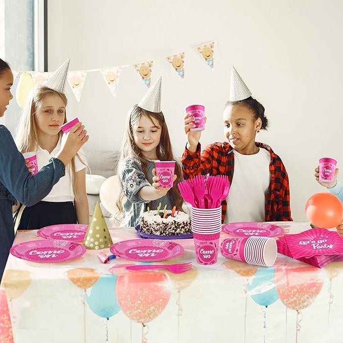 Kochorie 144 Pieces Let's Go Party Tableware Sets Including Disposable Plates Napkins Cups Forks Serves 24 for Birthday Disco Pink Girl Party Supplies