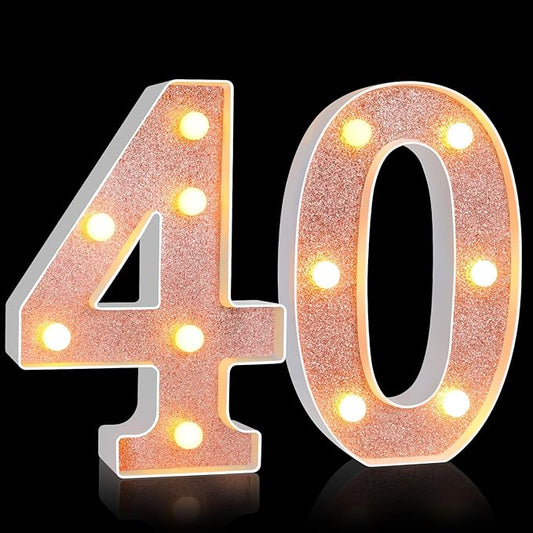 Treela 8.7'' Birthday Decorative LED Light up Numbers, Glitter Marquee Number Sign for Night Birthday Party Decorations Anniversary Bar LED Sign Backdrop Wall Table Centerpieces(40th,Rose Gold)