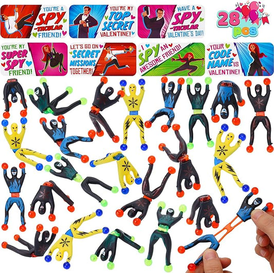 JOYIN 28 Packs Valentines Day Sticky Stress Relief Tricky Toys with Cards,Classroom Exchange Prizes, Sticky Wall Climbing Men Ninja with Cards, Stress Relief Toys for Kids Party Favor