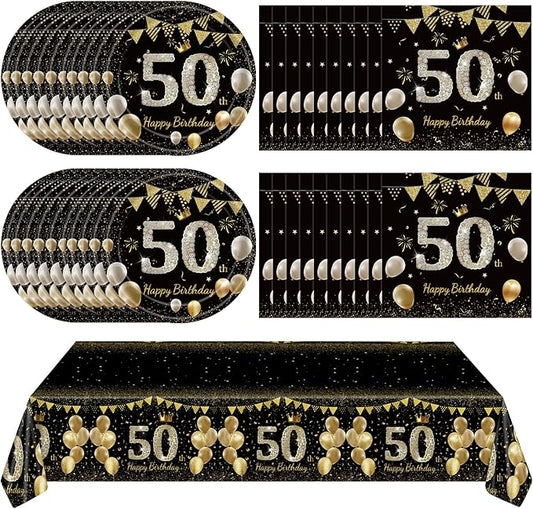 41Pcs 50th Birthday Decorations for Men Women, Black Gold 50 Year Old Birthday Party Supplies Include 20 Plates 20 Napkins and 1 Tablecloth, Black Gold 50 Aged Birth Party Tableware