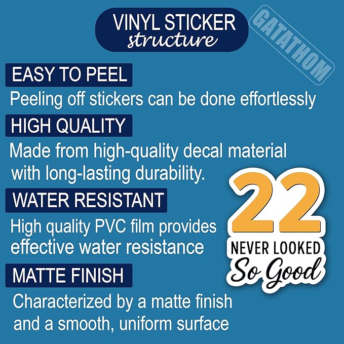 (3PCS) 22 Never Looked So Good Sticker – Happy 22 th Birthday, Waterproof Vinyl Decals for Party Decor, Scrapbooking, Water Bottles, Tumblers, Laptops, Size 3" x 2.5 "