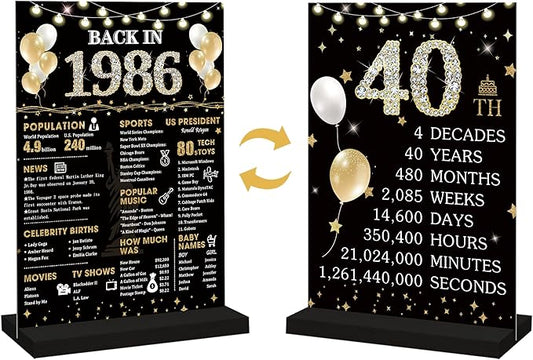 Roetyce 40th Birthday Decorations Gift for Women Men, Black Gold Back in 1986 Poster Acrylic Sign Centerpiece(1PC Duplex Printing), 40th Anniversary Table Decor, 40 Years Old Birthday Party Supplies