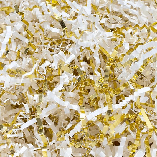 Wowxyz 1 LB Crinkle Cut Paper Shred White & Gold Crinkle Shredded Paper for Gift Baskets - Gift Box Bag Filler - Confetti Stuffing for Birthday, Holiday Present Packaging Wrapping