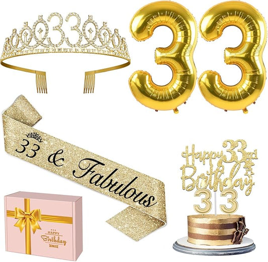 33 Birthday Decorations Women Gold with 33rd Birthday Sash and Tiara, Cake Topper and Candles, Number Balloons, 33 Year Old Gifts for Women