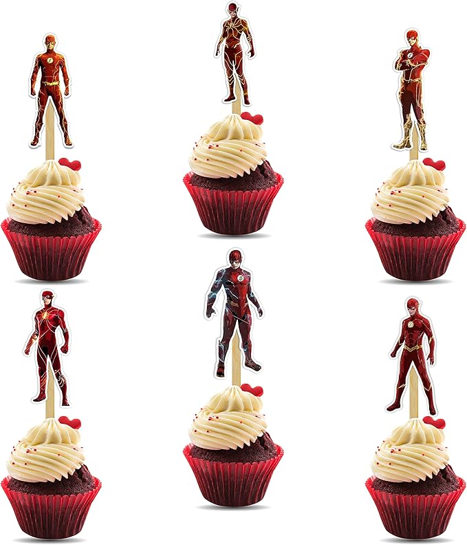 "Flsh Cupcake Topper – Superhero Theme Birthday Party Cupcake Picks for Boys and Girls – Red and Yellow Lightning Bolt Dessert Decorations for Birthday Parties, Events, and Themed Celebrations"