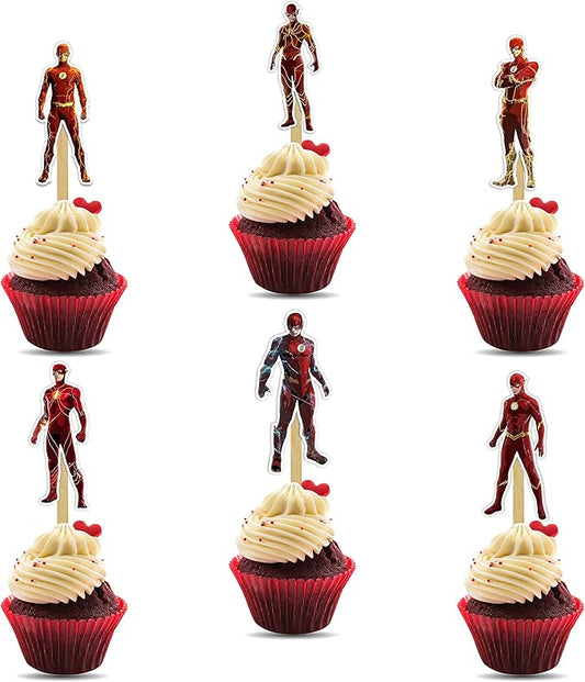 "Flsh Cupcake Topper – Superhero Theme Birthday Party Cupcake Picks for Boys and Girls – Red and Yellow Lightning Bolt Dessert Decorations for Birthday Parties, Events, and Themed Celebrations"