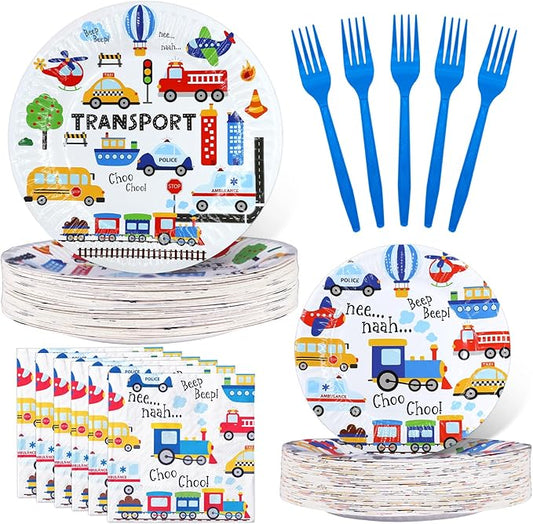 40 Packs Transportation Birthday Party Decorations - Transportation Party Supplies - Transportation Theme Birthday Party Tableware Set with Plates, Napkins, and Forks