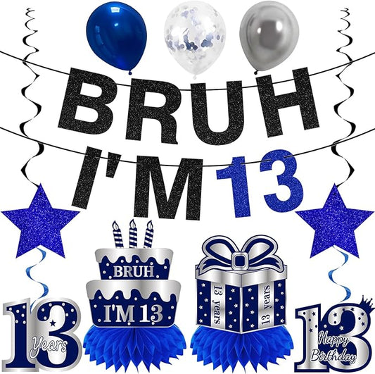 Kuxriox 11Pcs 13th Birthday Decorations for Boys Men, Blue Sliver Happy 13th Birthday Banner, Bruh I'm 13 Balloons Centerpieces Swirls Party Supplies, Thirteen Bday Banner Ceiling Table Topper Sign