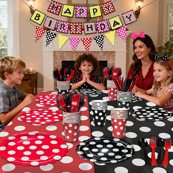 NAIWOXI Round Dot Party Supplies Tableware - Cute Black Red Round Dot Birthday Party Decoration For Girls，Plates, Napkins, Cups, Tableware, Birthday Party Decoration For Boy | 24 Guests