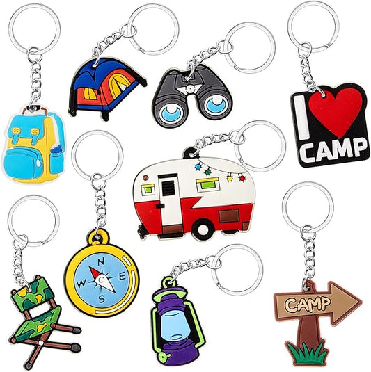 Sasylvia 36 Pcs Camping Party Favors Keychain 9 Styles Camp Theme Birthday Party Decorations Gift for Women Men Charm Accessories