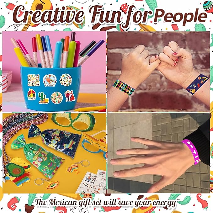 Mexican Fiesta Party Favor 122 PCS Mexican Themed 12 Slap Bracelets 12 Silicone Bracelets 50 Stickers 12 glitter drinking straws 12 Fiesta Keychains 12 Candy Bags 12 Bubble Wands for Mexican Party